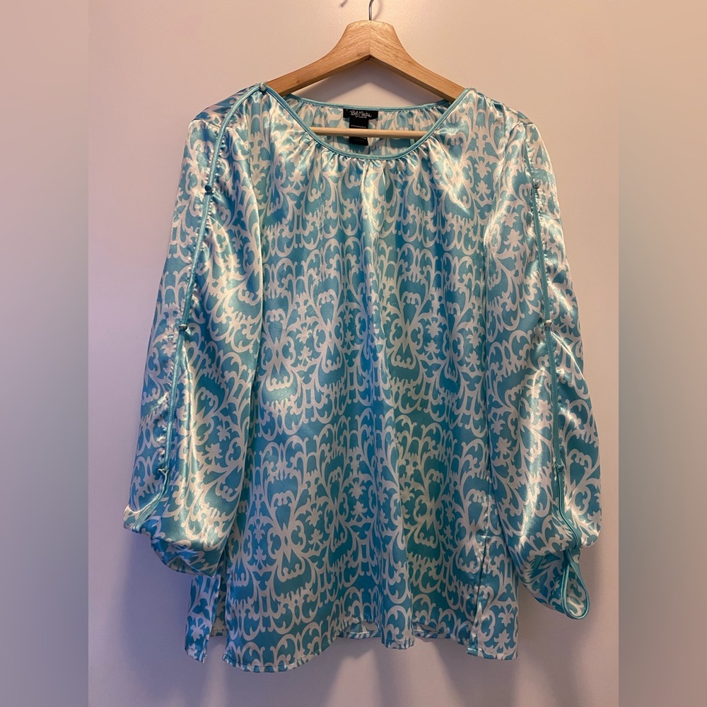 Vintage Bob Mackie Studio Blue and Cream Patterned Blouse flowy 80’s size 8